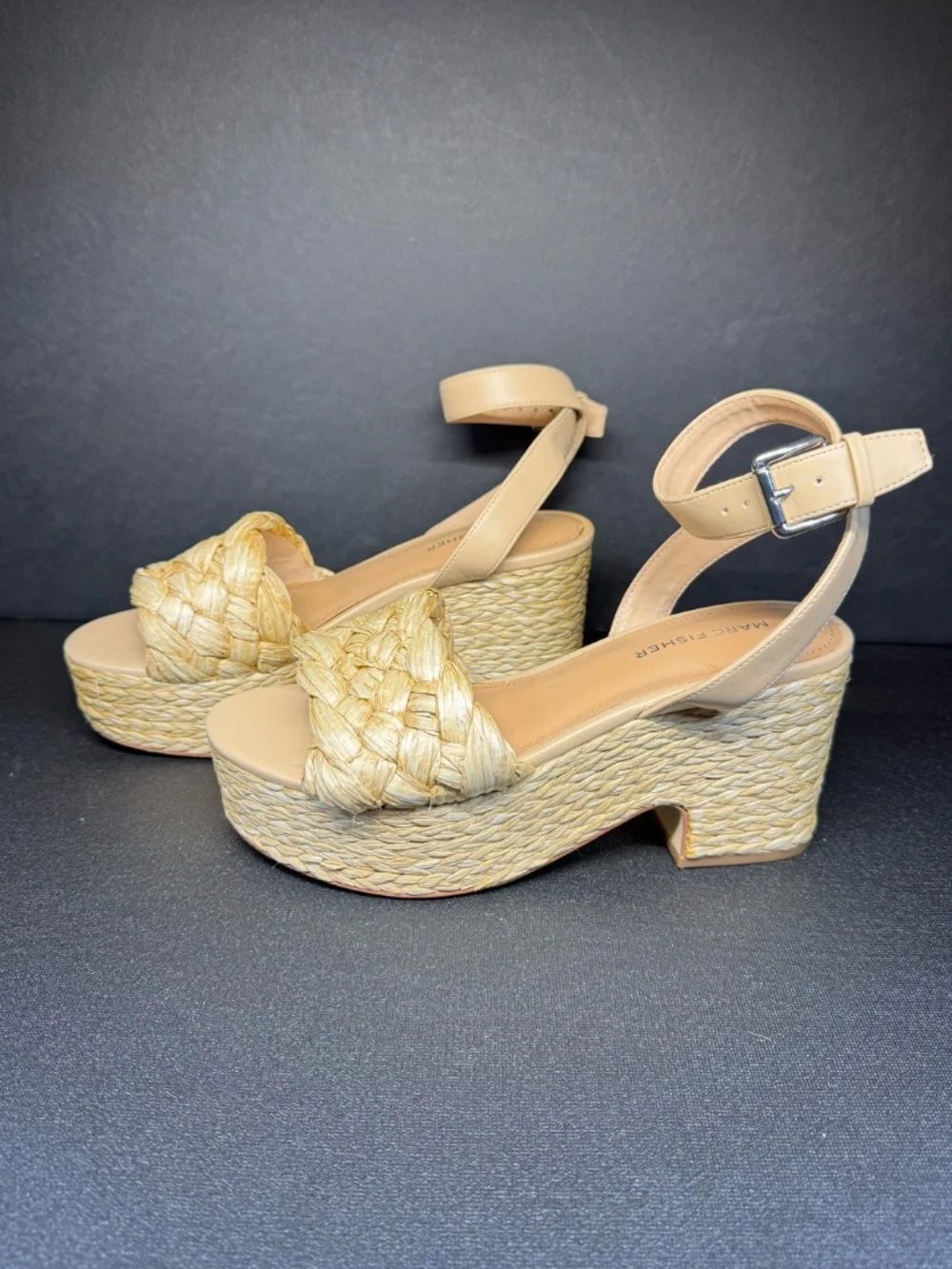 Marc Fisher Mesteel Raffia Platform Block Heel Sandals Beige Natural Size 7.5M